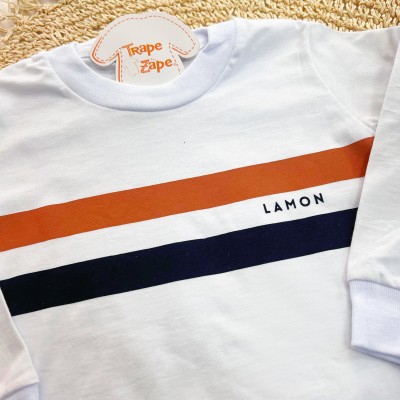 Conj. Camiseta Manga Longa Duas Listras e Calça de Moletom - Branco e Marinho